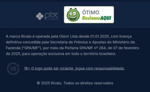 Selos do Pix e de reputação ótima no Reclame Aqui além de informações de licença do SPA/MF Portaria 264/2025.