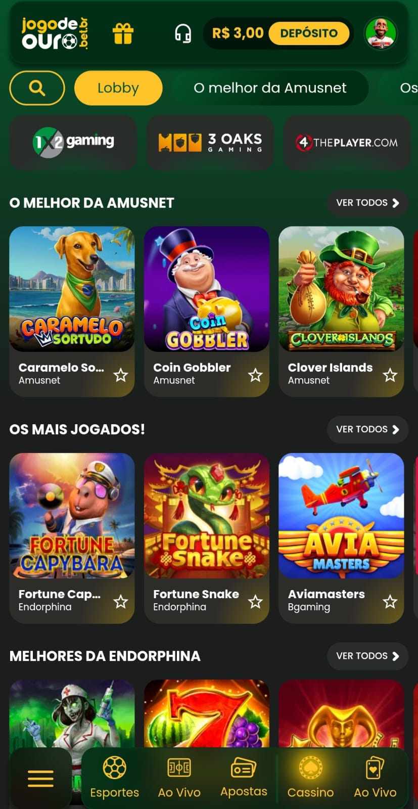 Cassino da Jogo de Ouro com slots da Amusnet, lista dos mais jogados e melhores da Endorphina.