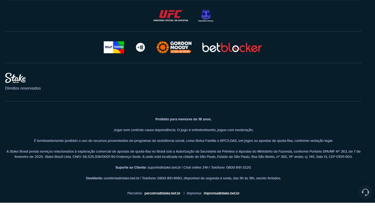 Rodapé do site da Stake, exibindo os patrocínios, selos de segurança e dados como CNPJ, autorização e canais de suporte
