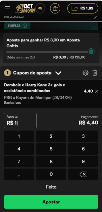 Bilhete de aposta na BetMGM com seleção de mercado e valor da aposta em reais