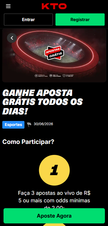Estádio esportivo com oferta Apostas Grátis e texto Ganhe R$ 5 em apostas grátis todos os dias