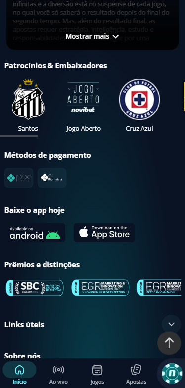 Rodapé de download do app Novibet