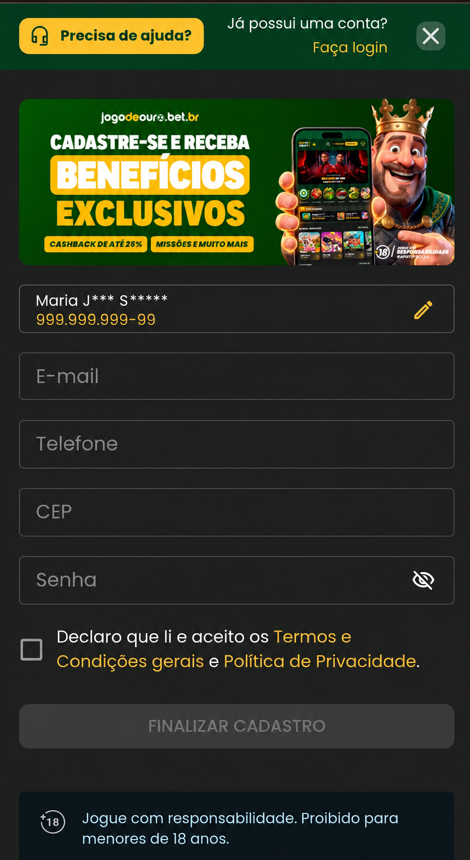 Formulário de inscrição da Jogo de Ouro, com dados sobre e-mail, telefone, endereço e senha